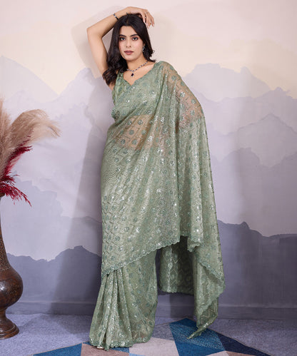 Olive Tulle Net Saree with Shimmering Sequin Embroidery