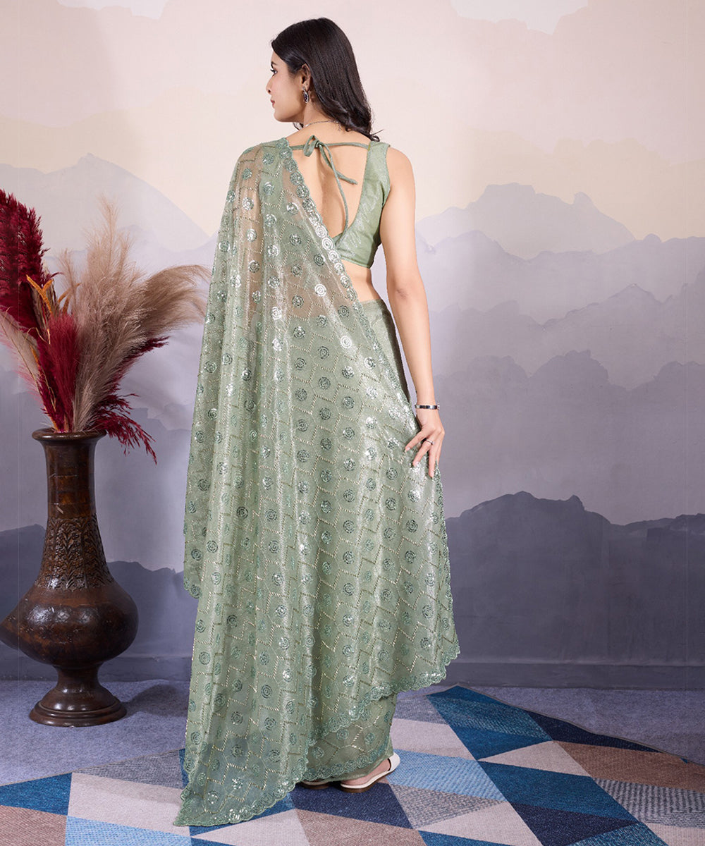 Olive Tulle Net Saree with Shimmering Sequin Embroidery