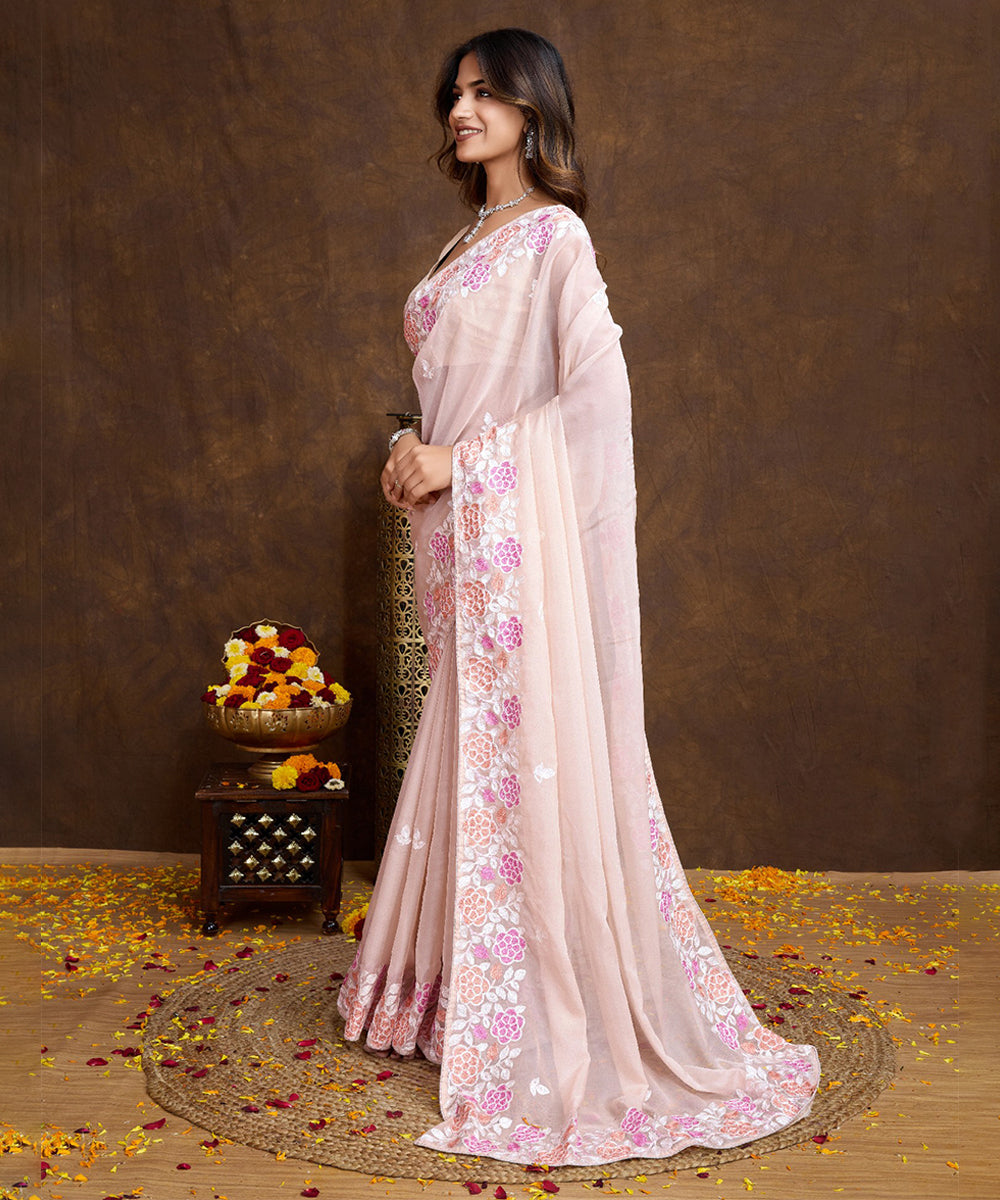 Light Pink Chiffon Silk Saree with Subtle Sequin Border