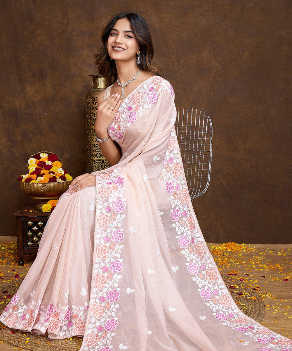 Light Pink Chiffon Silk Saree with Subtle Sequin Border