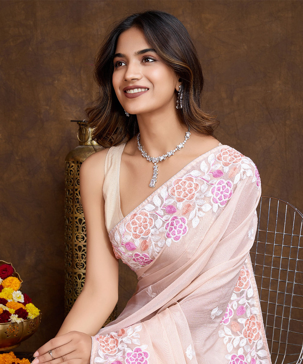 Light Pink Chiffon Silk Saree with Subtle Sequin Border