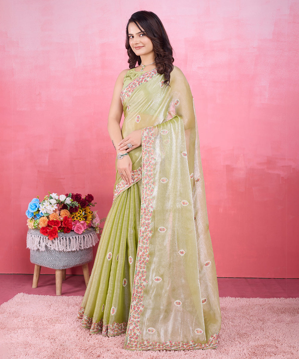 Mehendi Green Poly Silk Saree with Intricate Embroidered Borders