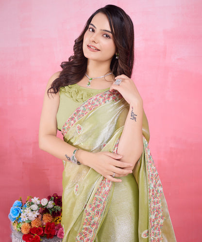 Mehendi Green Poly Silk Saree with Intricate Embroidered Borders