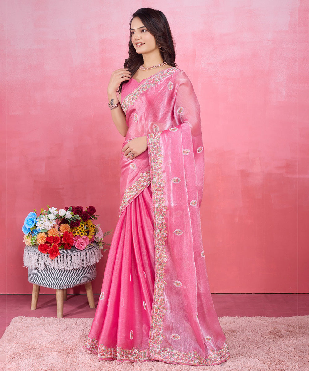 Pink Poly Silk Blend Saree with Exquisite Embroidered Borders