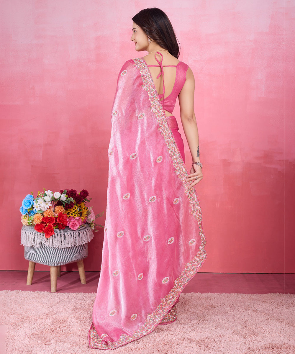 Pink Poly Silk Blend Saree with Exquisite Embroidered Borders