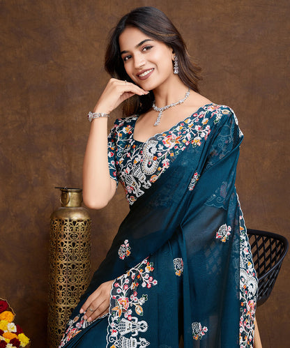 Peacock Blue Georgette Saree with Embroidered Border & Blouse