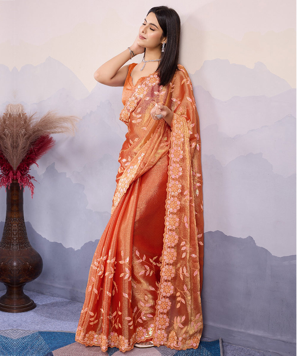 Rust Orange Dual Tone Georgette Saree with Sequin Border