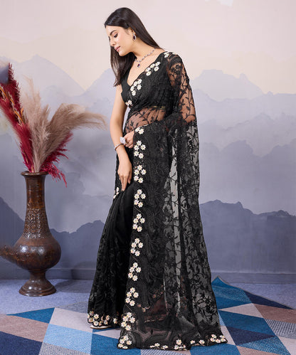 Black Net Saree with Intricate All-Over Embroidery and Fine Details