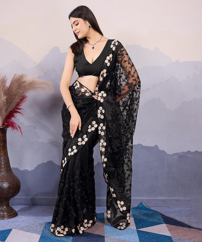 Black Net Saree with Intricate All-Over Embroidery and Fine Details