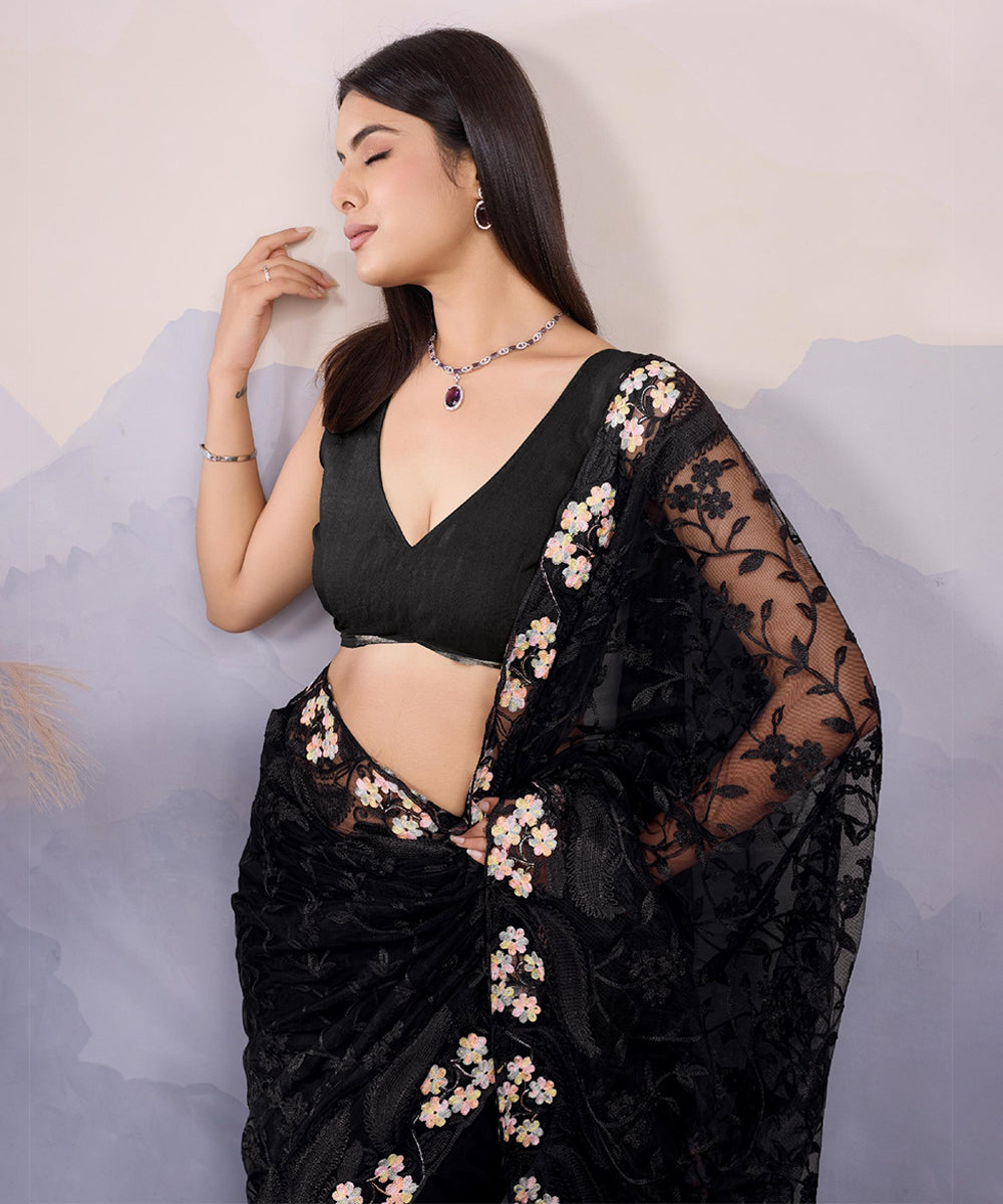 Black Net Saree with Intricate All-Over Embroidery and Fine Details