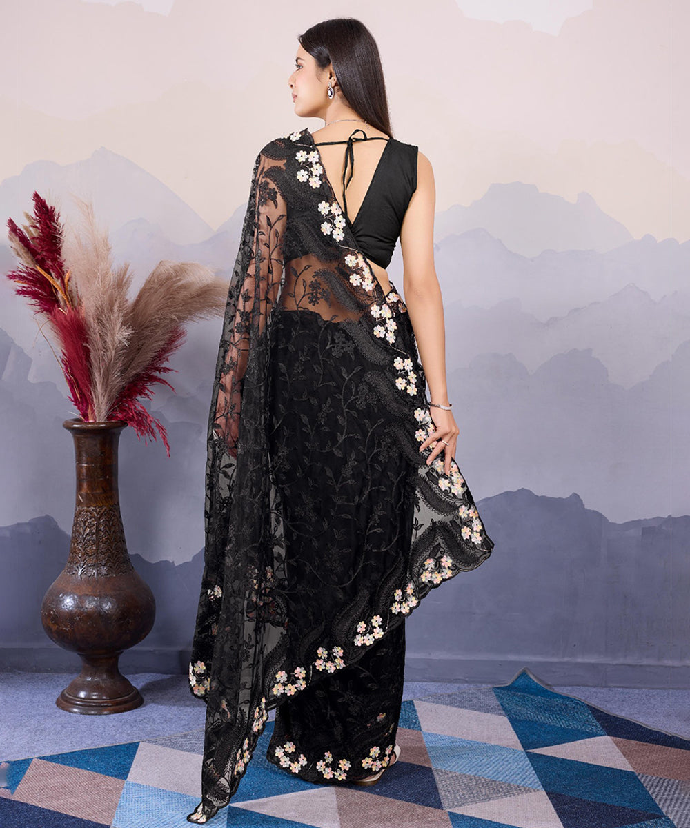 Black Net Saree with Intricate All-Over Embroidery and Fine Details