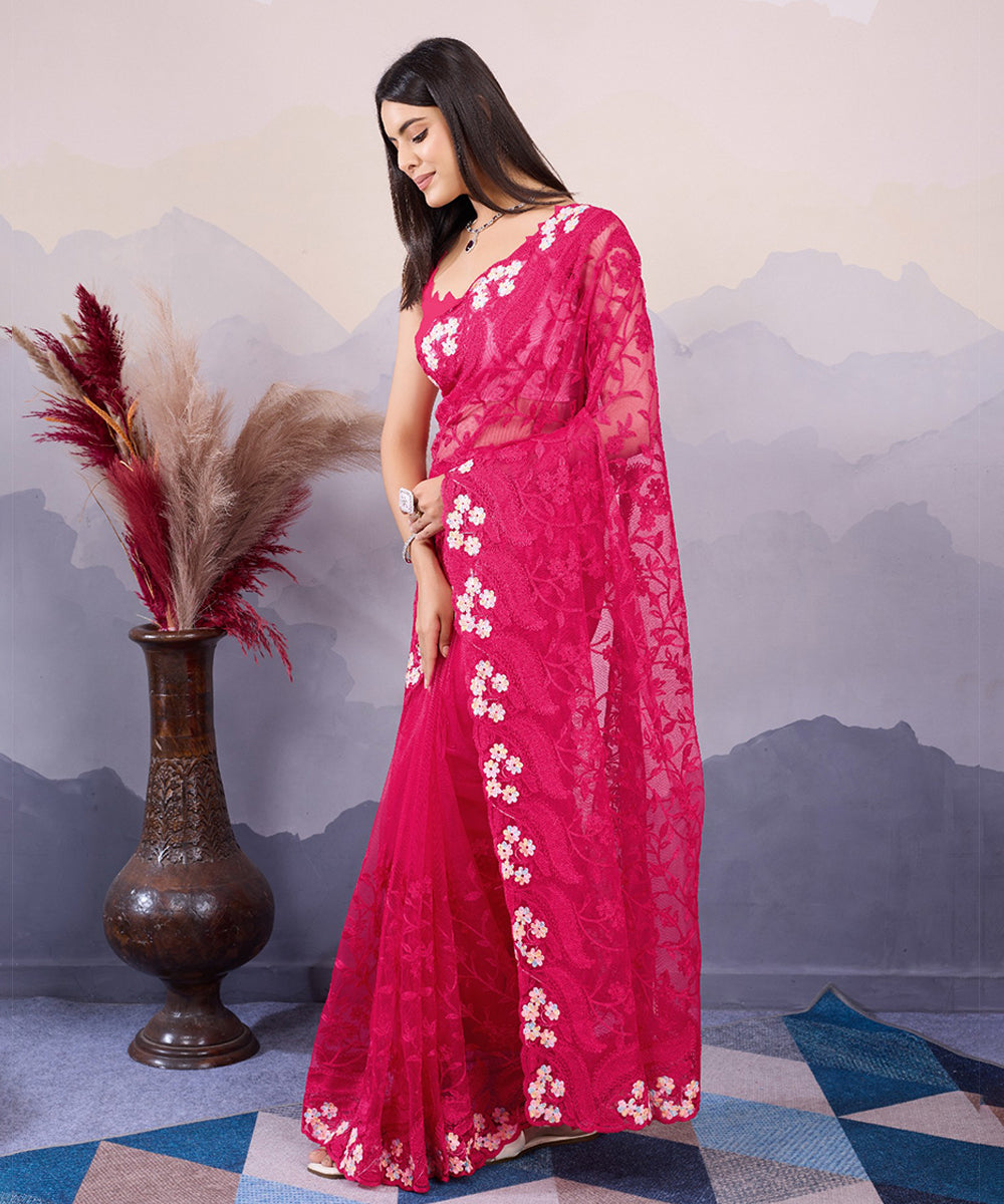 Rani Pink Net Saree with Exquisite All-Over Embroidery