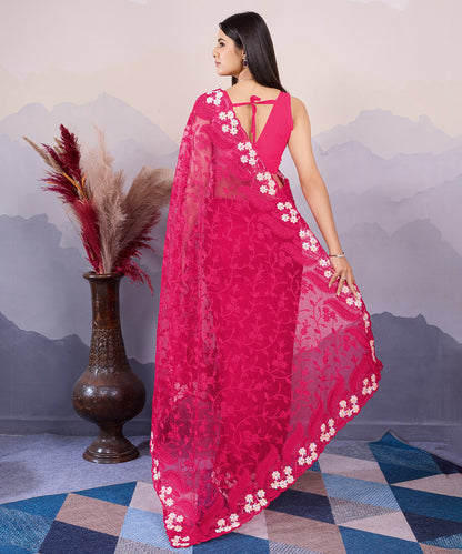 Rani Pink Net Saree with Exquisite All-Over Embroidery