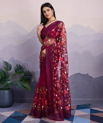 Magenta Net Saree with Multicolor Floral Embroidery