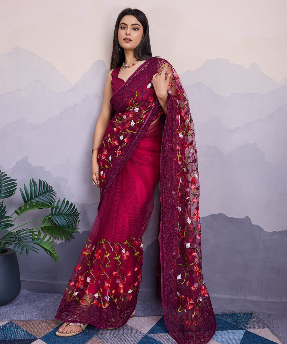 Magenta Net Saree with Multicolor Floral Embroidery