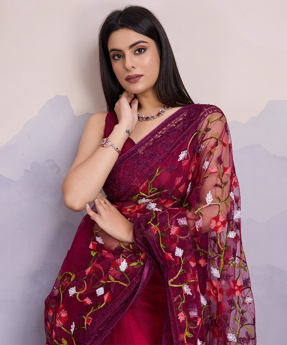 Magenta Net Saree with Multicolor Floral Embroidery