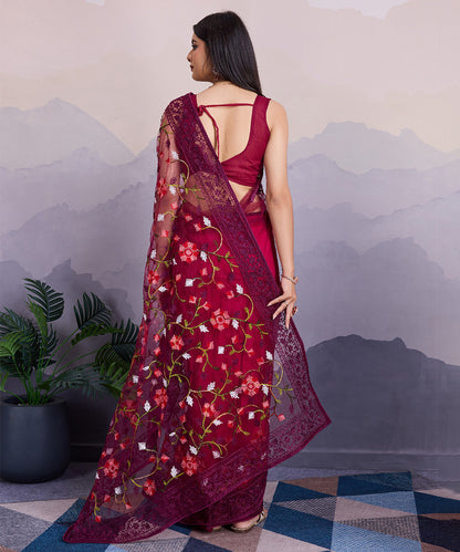 Magenta Net Saree with Multicolor Floral Embroidery