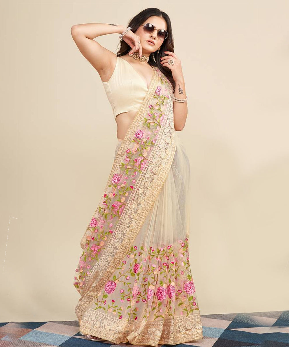 Cream Net Saree with Green and Pink Threadwork Embroidery