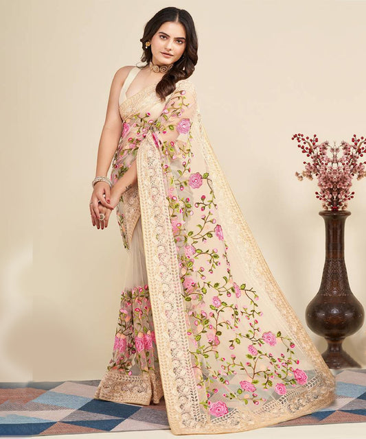 Cream Net Saree with Green and Pink Threadwork Embroidery