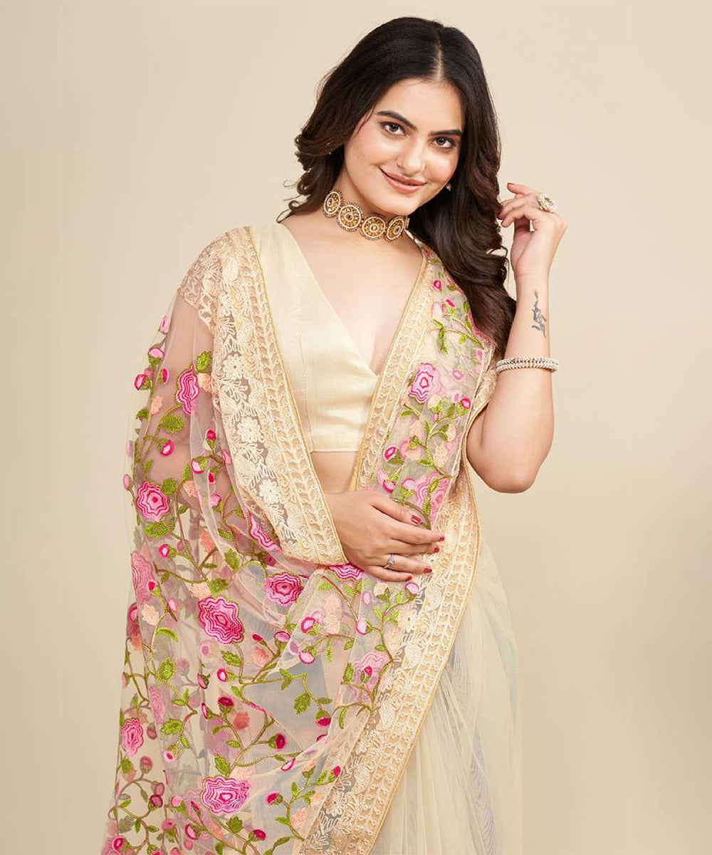 Cream Net Saree with Green and Pink Threadwork Embroidery