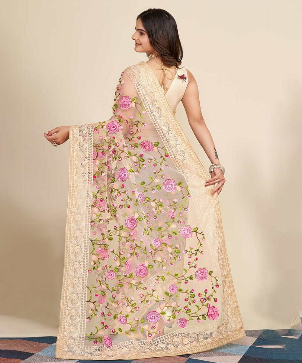 Cream Net Saree with Green and Pink Threadwork Embroidery