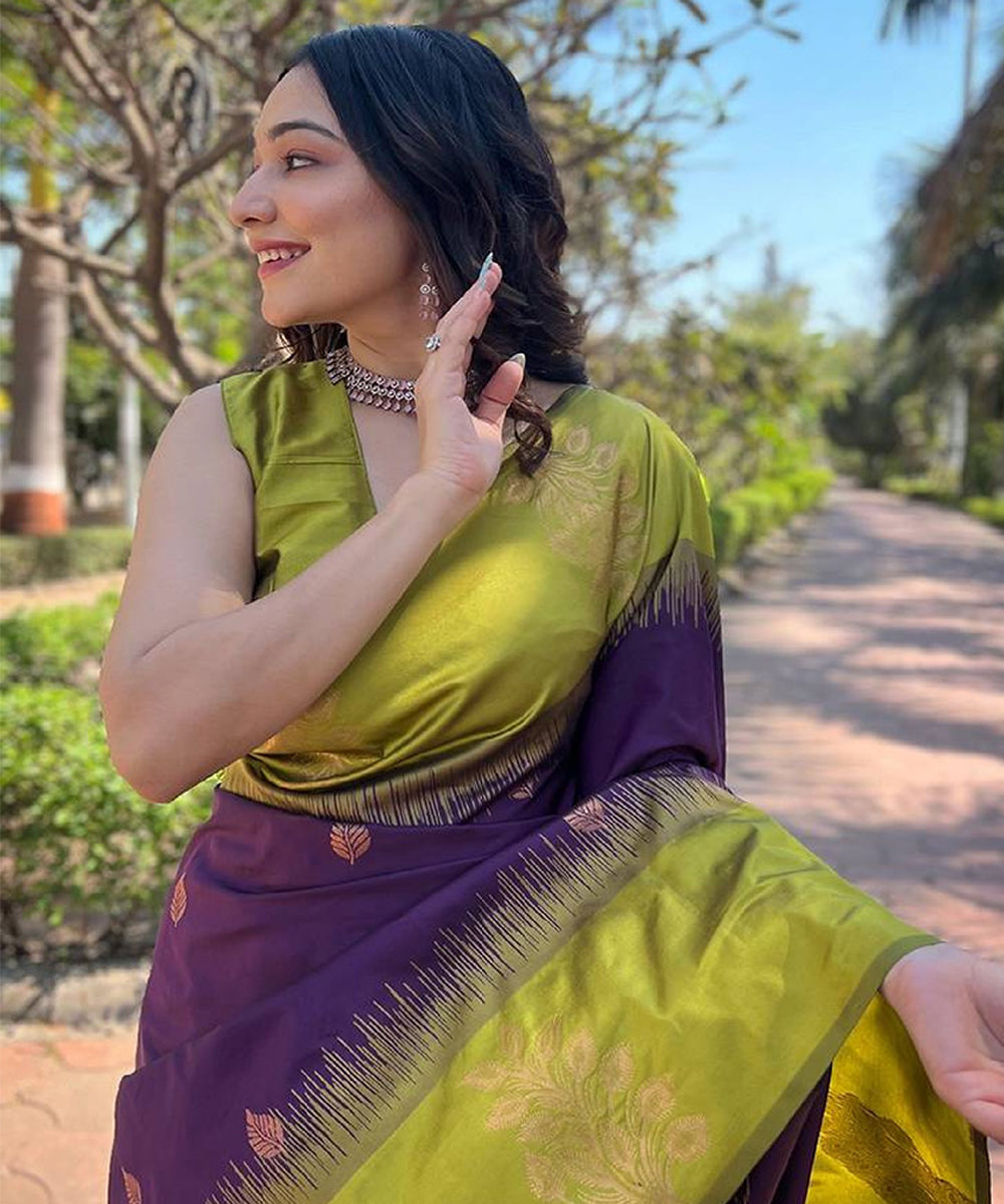 Green Border and Purple Art Silk Zari Woven Saree