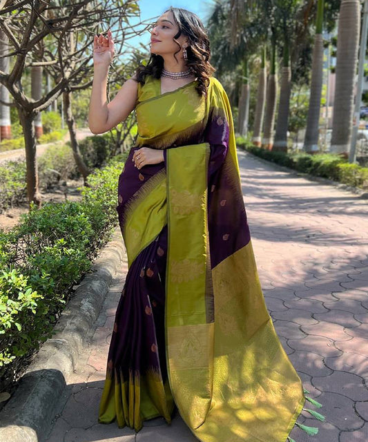 Green Border and Purple Art Silk Zari Woven Saree