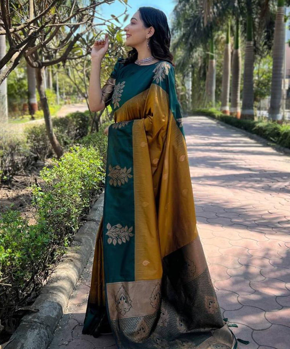 Forest Green & Mustard Zari Woven Saree with Elegant Craftsmanship