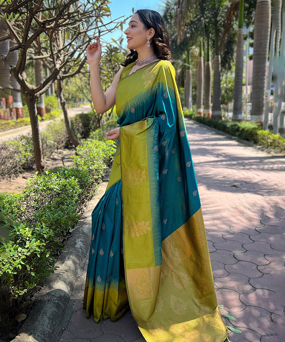 Sea Blue and Lime Zari Woven Saree