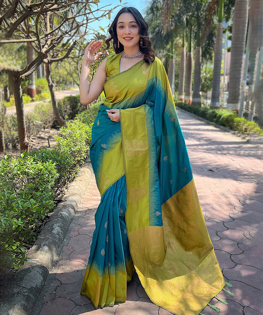 Sea Blue and Lime Zari Woven Saree