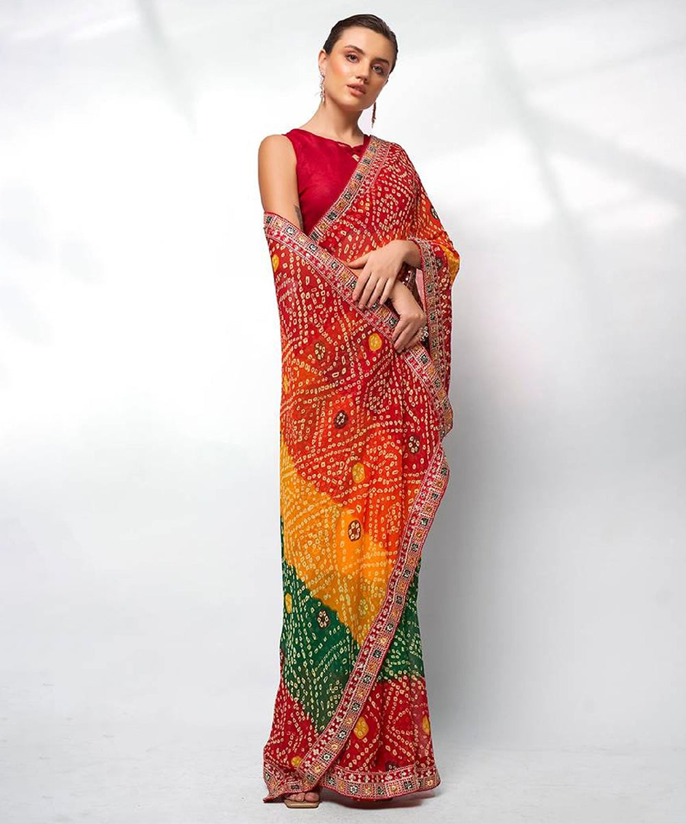 Multicolor Bandhani Saree with a Vibrant Red Blouse