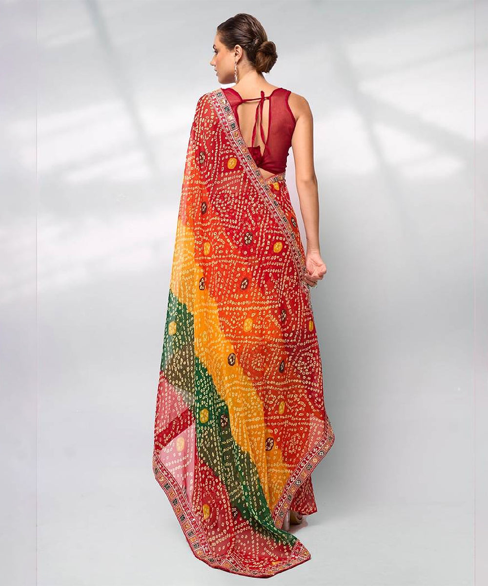 Multicolor Bandhani Saree with a Vibrant Red Blouse