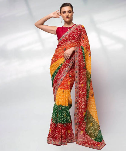 Multicolor Bandhani Saree with a Vibrant Red Blouse