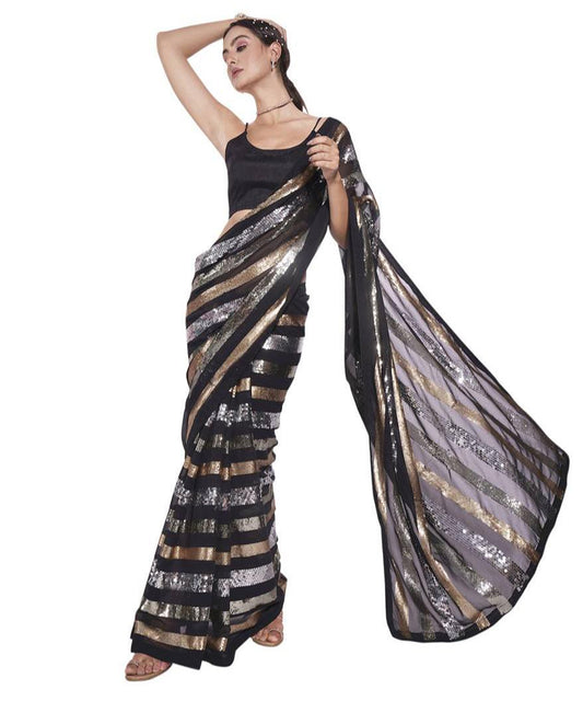 Black Saree with Metallic Sequin Stripes and Modern Glamour