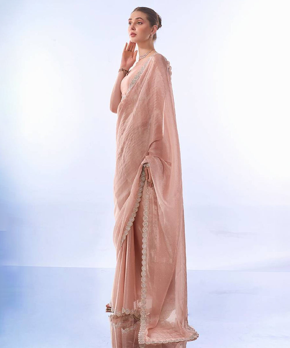 Pink Organza Saree with Elegant Silver Lace Detailing