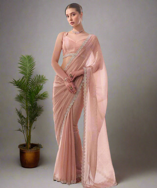 Pink Organza Saree with Elegant Silver Lace Detailing