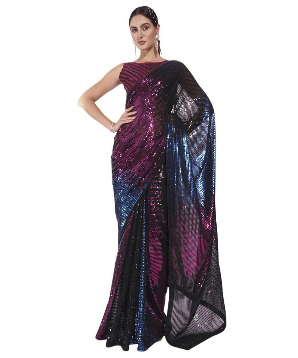 Black Sequin Georgette Saree with Multicolor Shimmering Highlights