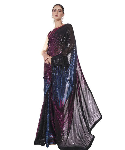 Black Sequin Georgette Saree with Multicolor Shimmering Highlights