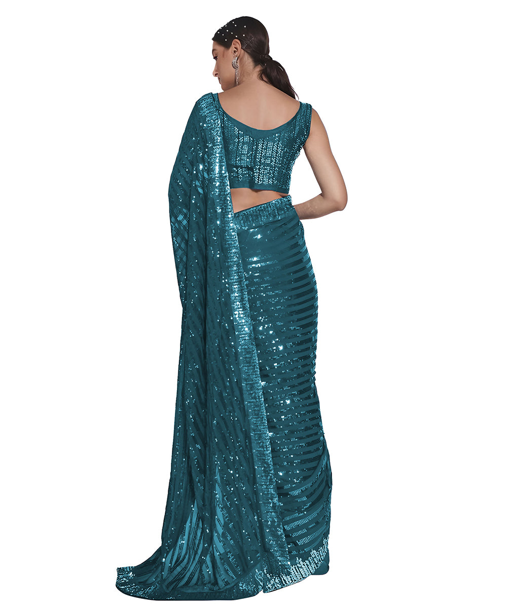 Women's Sequence Work Georgette Teal Saree with Unstitched Blouse