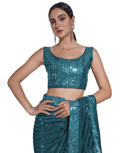 Women's Sequence Work Georgette Teal Saree with Unstitched Blouse