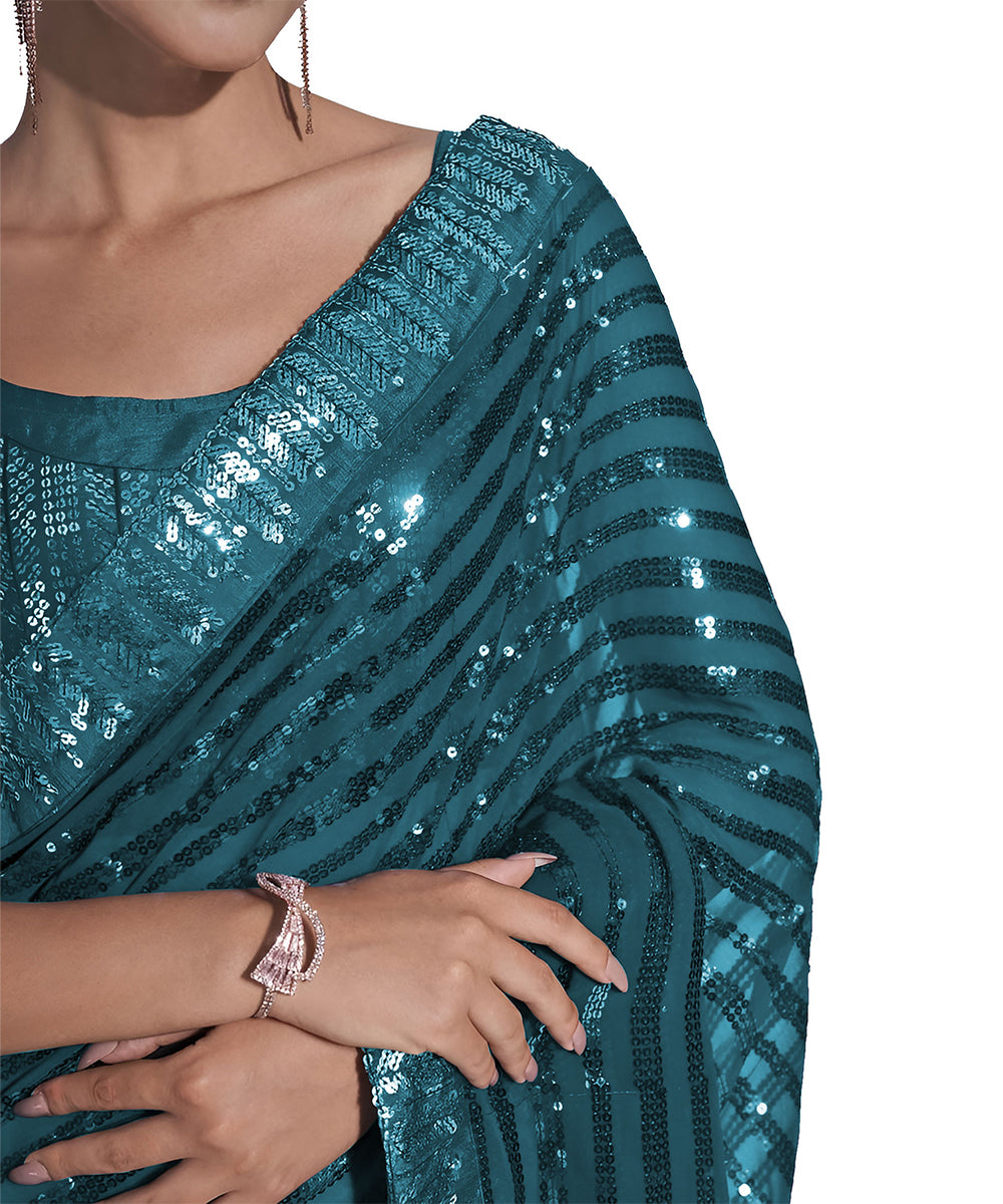 Women's Sequence Work Georgette Teal Saree with Unstitched Blouse