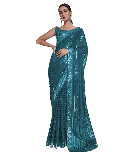 Women's Sequence Work Georgette Teal Saree with Unstitched Blouse