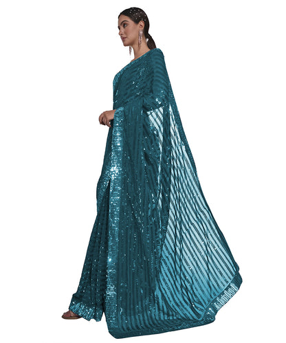 Women's Sequence Work Georgette Teal Saree with Unstitched Blouse