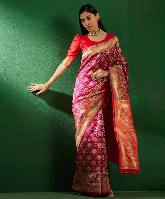 Purple Bandhej Art Silk Saree with Zari Motifs and Borders