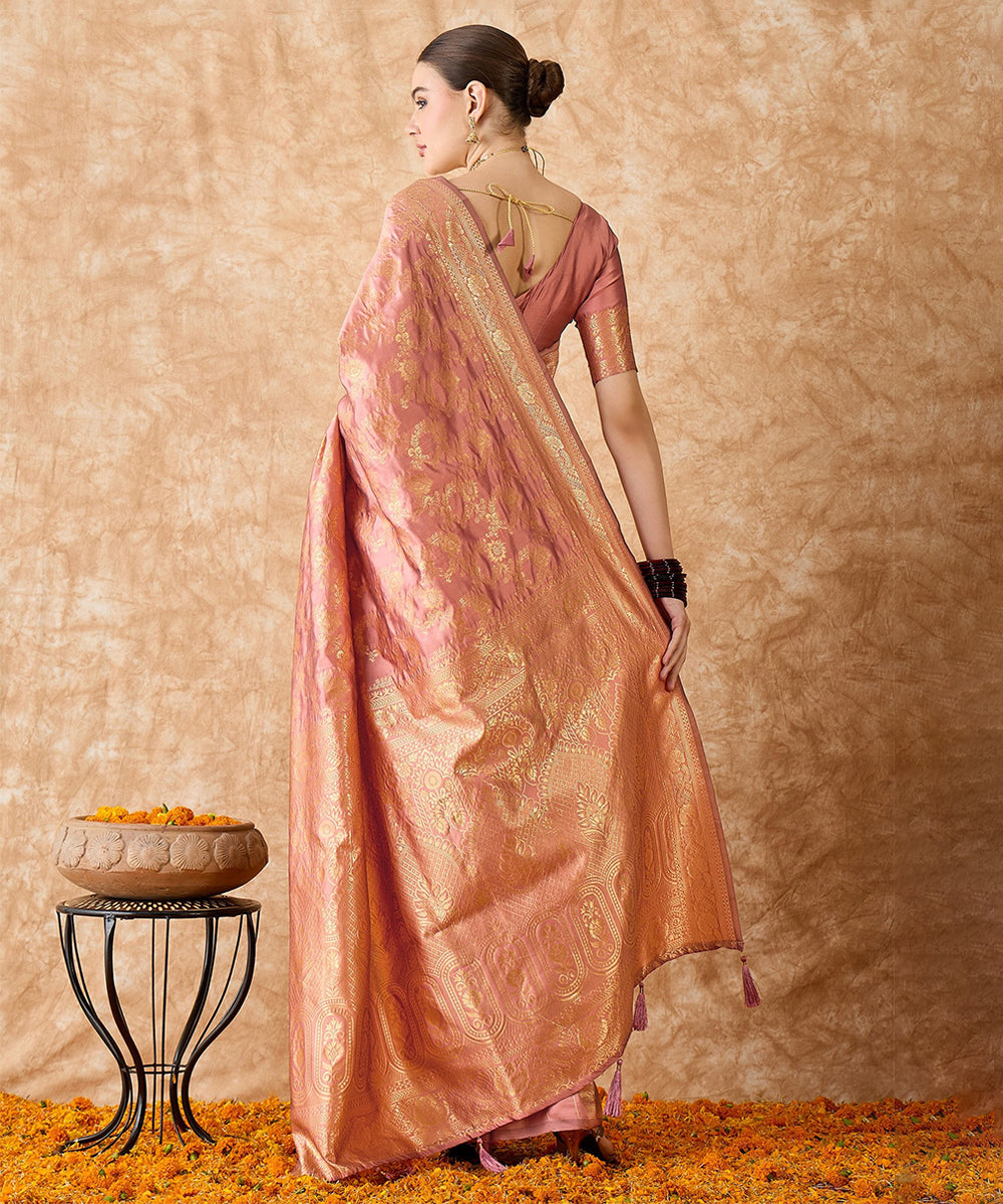 Peach Art Silk Saree with Gold Zari Motifs All Over