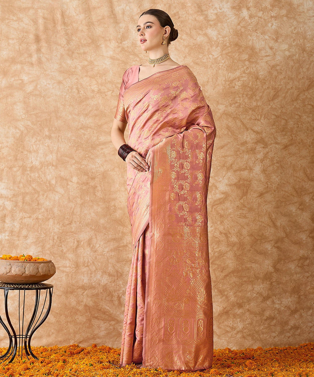 Peach Art Silk Saree with Gold Zari Motifs All Over