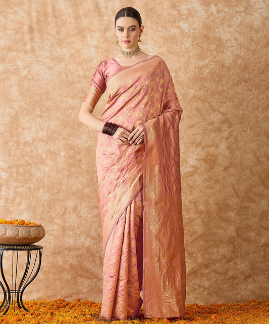 Peach Art Silk Saree with Gold Zari Motifs All Over