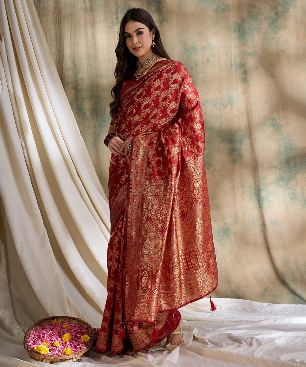 Red Saree with Gold Zari Motifs for a Regal Look