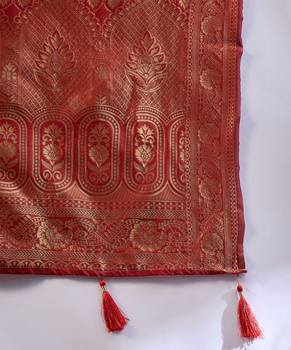 Red Saree with Gold Zari Motifs for a Regal Look