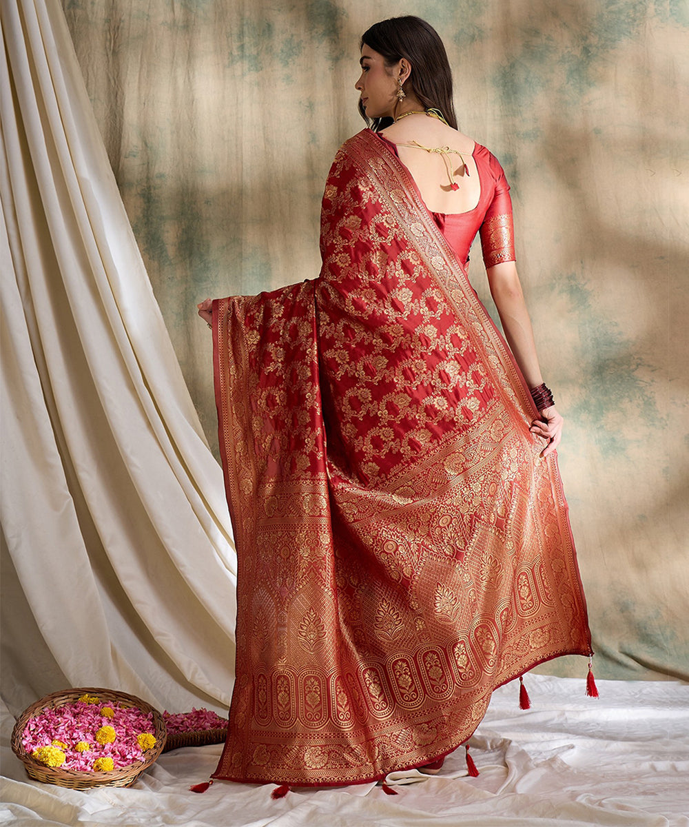 Red Saree with Gold Zari Motifs for a Regal Look